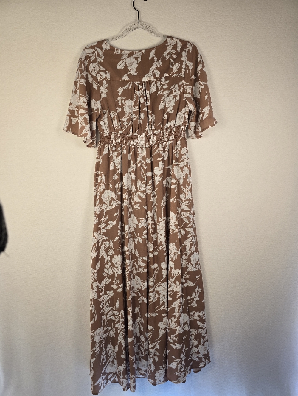 POLAGRAM Brown White Floral S Sleeve Cottage Polyester Maxi Dress. Ladies Small - Picture 10 of 10